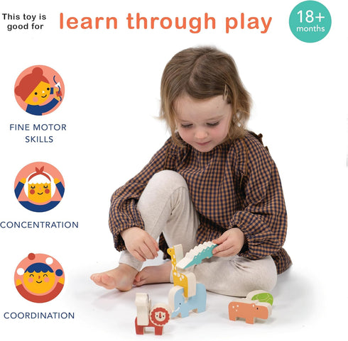 Happy Stacking Safari – 7pc Wooden Stacking Toy for Toddlers – Colorful Balancing Activity Toy with Bag