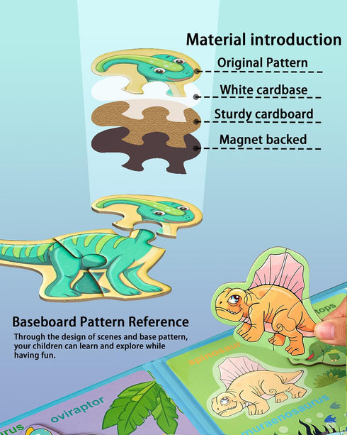 Magnetic Puzzles for Toddlers 2-4, Travel Dinosaur Activities Toy Wooden Jigsaw Puzzles Book for Kids 1-5