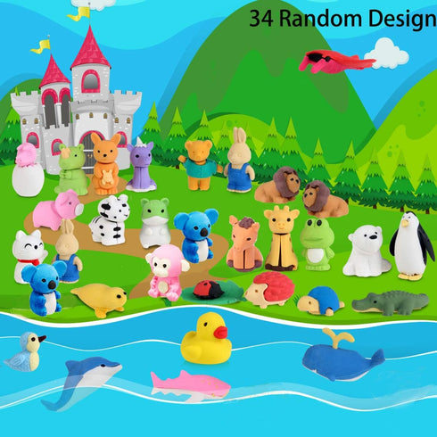 34Pcs Animal Erasers Bulk, Mini Puzzle Erasers for Kids, Party Favors, Classroom Prizes, Easter Egg Fillers