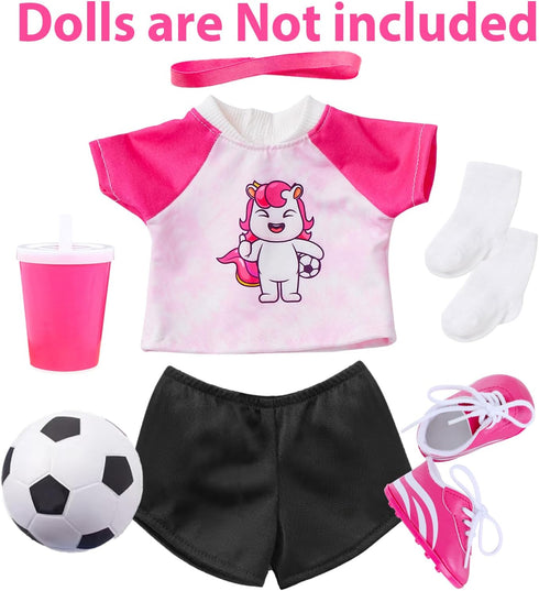 18INDC 18 Inch Set 7PCS Doll Accessories Football Sport - Includes Headband, Tops, Shorts, Shoes, Mini Soccer Ball