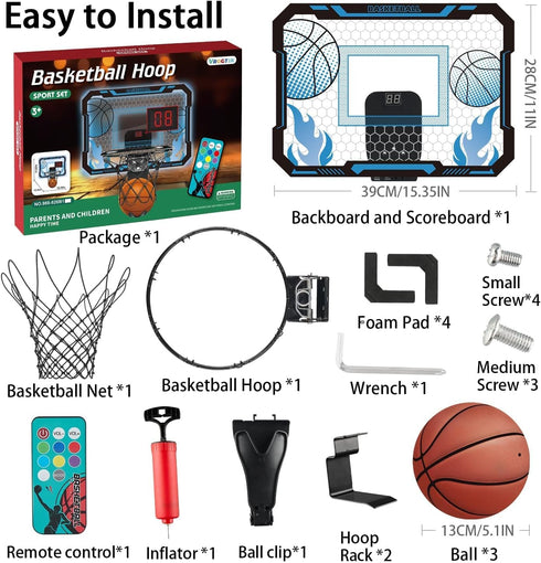 Indoor Basketball Hoop for Kids, Mini Hoop with Remote Control, 7-Color LED Lights & 3 Balls, Over Door