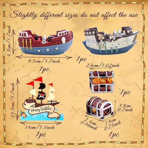 Sailboat Set Pirate Ship Cake Topper Nautical Model Decoration Gold Coins and Pirate Gems Pirate Treasure Chest Compass