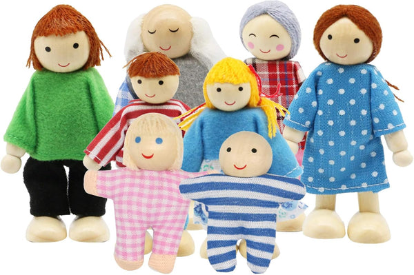 Lovely Family Dollhouse Dolls Set of 8 Wooden Figures, Kids Girls Happy Playset Characters Accessories for Children