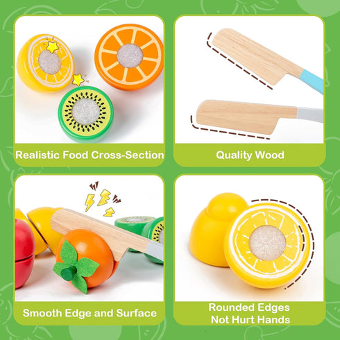 Sets Set Wooden Play Food for Kids Kitchen Accessories, Velcro Fruit and Veggies Cutting for Kids, Pretend Play Food