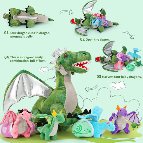 7Pcs Dragon Plush Toy Set, Dinosaur Stuffed Animals with 4 Baby Dragons & 2 Eggs, Birthday Gift for Kids