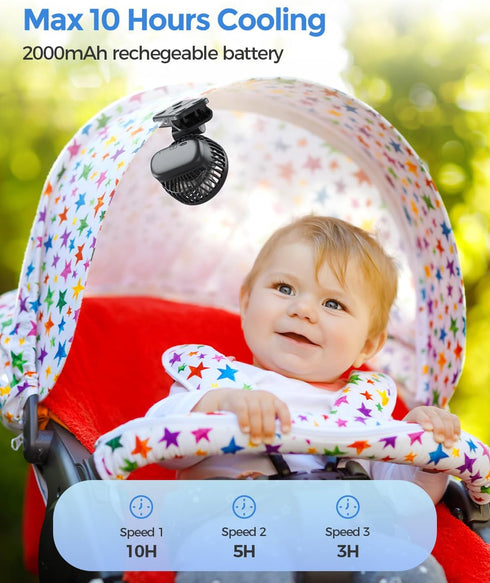 0.24 lb, 3-Speed Mini Baby Fan with Clip for Carrier Stroller, Baby Essentials, Ultra Light Safe Gaps, Rechargeable