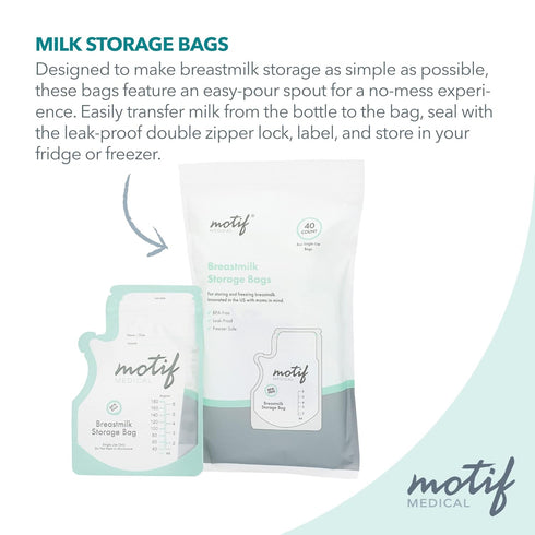 Motif Medical Breastmilk Storage Bags - Leak-Proof Double Zipper Milk Bags with Easy Pour Spout, 40 Count