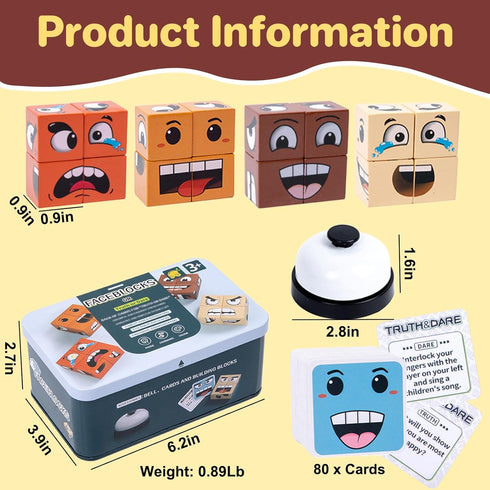 Face Change Cube Game, Wooden Face Changing Magic Cube Game with Bell, Mini Expression Puzzle Building Blocks for Kids.