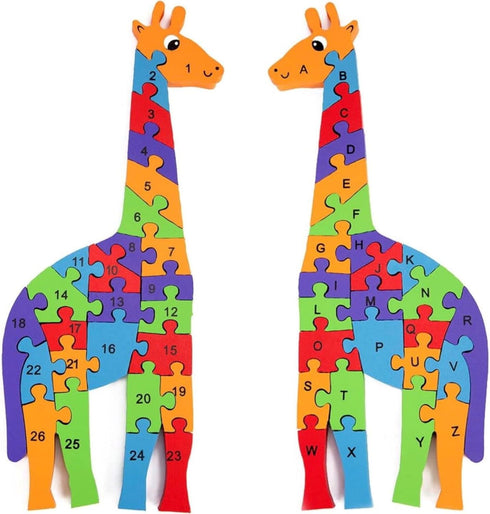 LovesTown Giraffe Wooden Puzzle - 26PCS Jigsaw Puzzle with Alphabet and Number Blocks for Preschool Kids