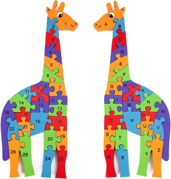 LovesTown Giraffe Wooden Puzzle - 26PCS Jigsaw Puzzle with Alphabet and Number Blocks for Preschool Kids