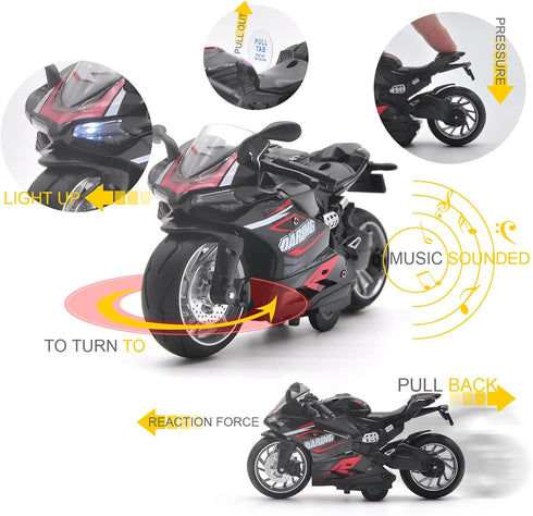 Toy Motorcycle, Pull Back Motorcycle Toy with Sounds and Lights, 1:12 Scale Model for Kids, Age 3+ Birthday Supplies