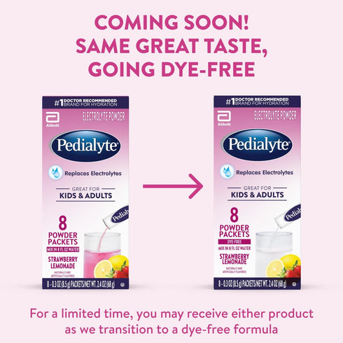 8 Packets Pedialyte Electrolyte Powder, Hydration Drink for Kids & Adults, Strawberry Lemonade, Powder