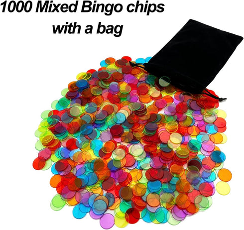 1000 Pieces Bingo Counting Chips, 3/4 inch Transparent 6 Color Set with Bag for Game Night & Educational Activities