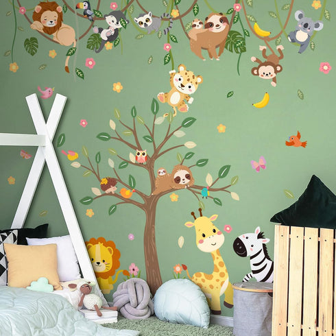iMagitek 90.94" 62.59" Large Jungle Animals Tree Wall Decals Safari Animals Climbing Trees Wall Stickers Elephant
