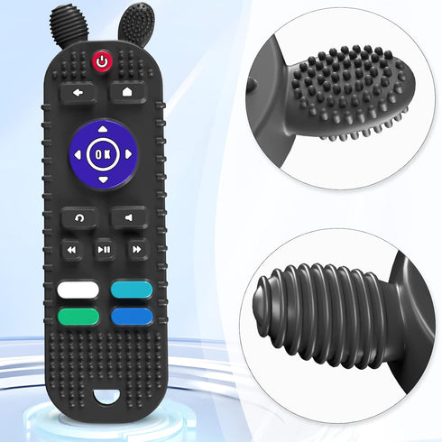 TV Remote Control Shape Baby Teething Toys and Phone Shape Teether Toys for Babies 6-12 Months, Soft Flexible Silicone Chew Toys for Baby - Black