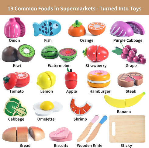 WHOHOLL Wooden Play Food for Kids Kitchen Playset - Montessori Pretend Cutting Food Toys for 2+ Year Old