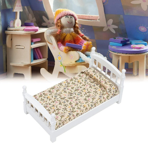 Wooden Doll House Bed, 1:12 Scale Miniature Bedroom Furniture Set with Mattress and Pillows