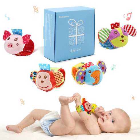Wrist Rattles for Babies 0-24 Months - Baby Animal Hand & Foot Finder Educational Toys (4W)