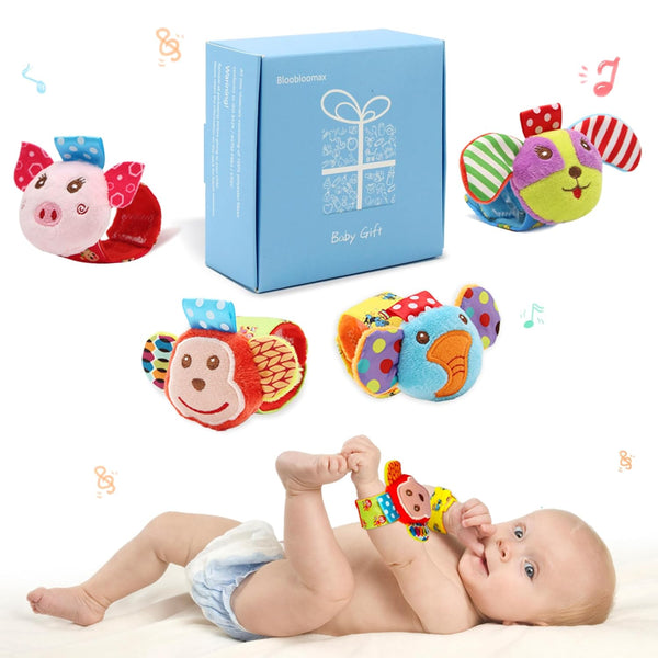 Wrist Rattles for Babies 0-24 Months - Baby Animal Hand & Foot Finder Educational Toys (4W)