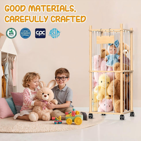 Belveora 2 Stuffed Animal Storage Organizer, Wooden Plushies Toy Zoo Holder with Wheels, Large Capacity Storage Tower