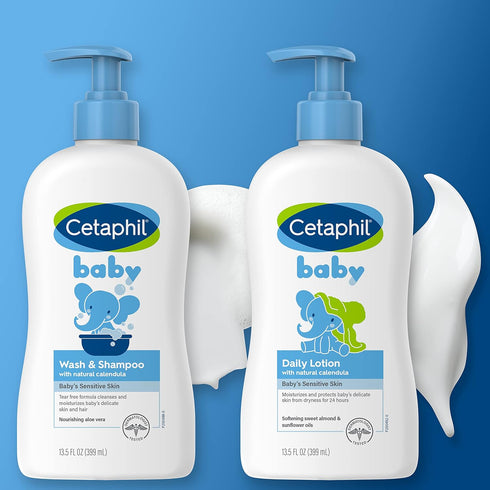 Cetaphil Baby Wash & Shampoo Plus Body Lotion, Healthy Skin Essentials for Delicate, Sensitive Skin, 2-Pack, White