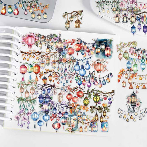 LOOGFDC 50PCS Watercolor String Light Stickers - Transparent PET Waterproof Lantern Decals for DIY Crafts, Journals