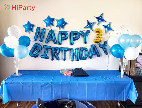 Blue Happy Birthday Balloons Banner, Mylar 3D Foil Letter Banners & 6 Star Balloons, 3-in-1 Party Decorations for Kids