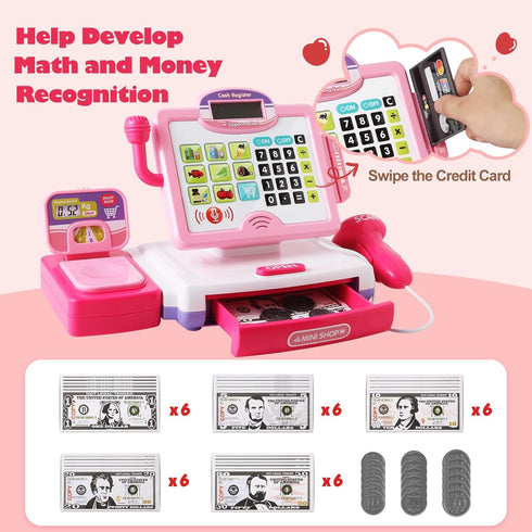 3, 4, 5, 6, 7, 8+ 57 Playset, Play Calculator Cash Register Toy Gift for Kids Girls Age Year Old, Pcs Pink Pretend