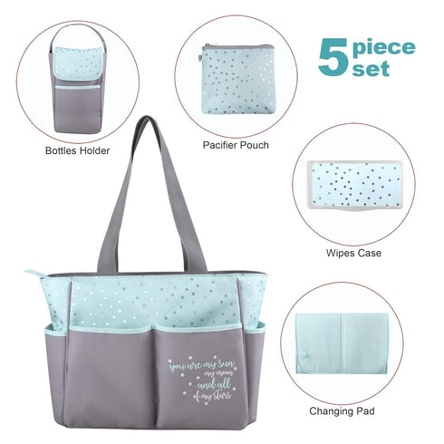 5 Set Baby Essentials Diaper Bag Tote Piece with Sun, Moon, and Stars, Wipes Pocket, Dirty Diaper Pouch, Changing Pad