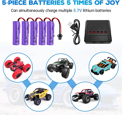 5PCS 3.7V 1000mAh Lipo Battery With 5-IN-1 Charger RC Toy Car Battery SM-2P Plug For TB202 TB201 TM201 TM202 TC141 DE35 DE38 DE40 DE50 RC Cars,Trucks,Stunt Vehicles (5PCS Battery+5-IN-1 Charger)