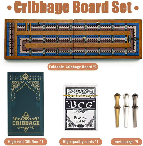 Set, 9 Wooden Cribbage Board Game Travel Cribbage Board with Storage and Collapsible, with Magnetic Lock / Metal