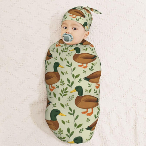 Set KiuLoam Cute Mallard Duck Leaf Animal Print Newborn Swaddle Blanket with Hat Soft Newborn Receiving Blankets Baby