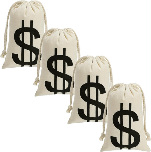 4Pcs Halloween Prop Money Bags 6.3 x 9 Inches with Dollar Sign for Bank Robber Costume Pirate Cosplay