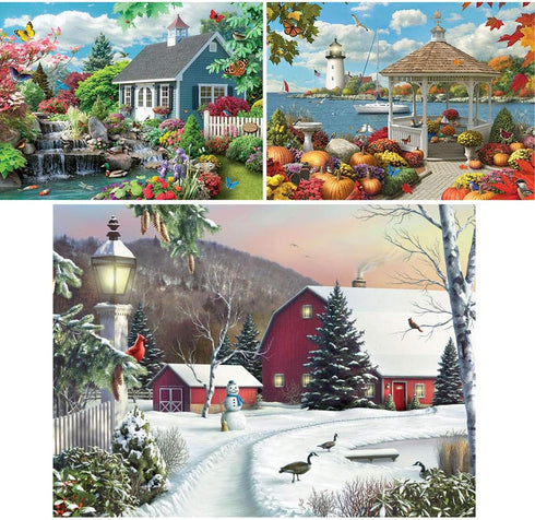 Set 1000 20" 27" Bits and Pieces Value of Three Piece Jigsaw Puzzles for Adults Seasonal Scenic Jigsaw Puzzles by