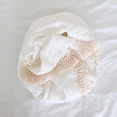 Muslin Cotton Baby Receiving Blanket with Fringe, Boho Bohemian Tassels, Nursery Decor, Boy or Girl Unisex Swaddle