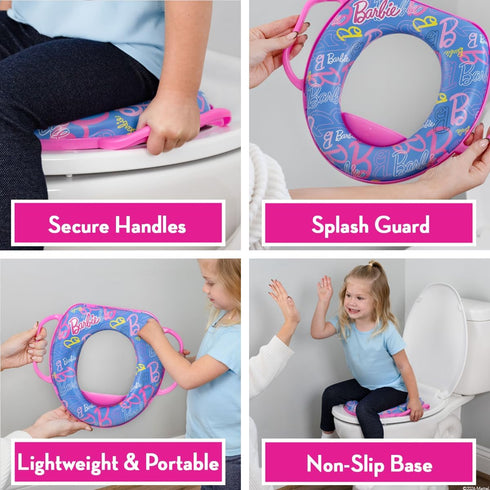 Barbie Soft Potty Training Seat for Toilet with Storage Hook, Cushioned Non-Slip Potty Ring with Splash Guard, Built