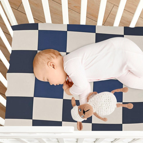 miaozhen 52''x28'' Blue Black White Checkered Crib Fitted Sheets Essentials for Crib Mattress sabanas de cuna para ni?a
