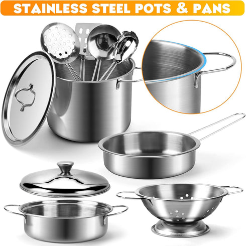 26PCS Set, Tigerhu Play Kitchen Accessories, Kitchen Pretend Play Cooking Toys w/ Stainless Steel Cookware, Apron