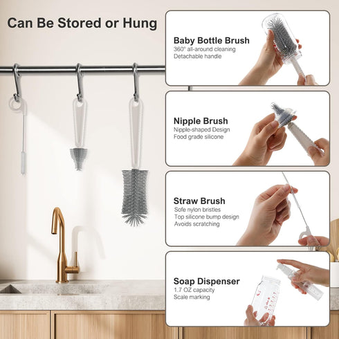 Brush,6 1 Set Baby Bottle in Bottle Cleaner with Extendable Silicone Bottle Brush,Drying Rack,Nipple & Straw
