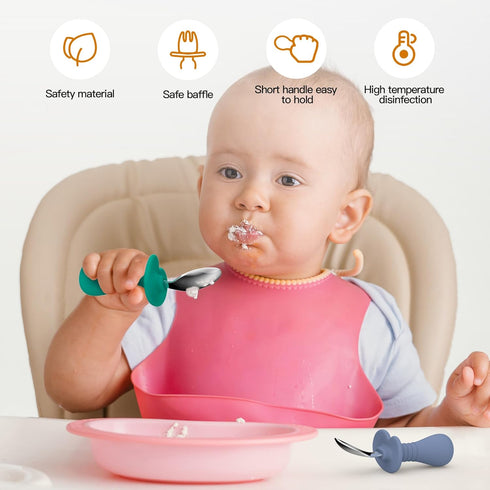 2 Pcs Baby Spoons Toddler Spoons for Self Feeding, Kids Spoons with Silicone Round Handle, Stainless Steel Toddler Utensils Children Safe Silverware Set, Anti-Choke Design, BPA Free - Green Blue