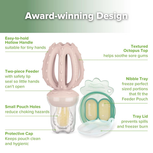 4 Haakaa Octopus Baby Fruit Food Feeder & Mini Freezer Nibble Tray Combo, Breastmilk Popsicle Molds for Cooling Relief