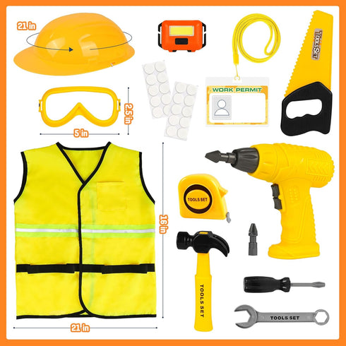 HUUIDY Set, 4+ Construction Worker Costume for Kids, Toddler Dress Up Clothes with Kids Tool Construction Vest & Hat