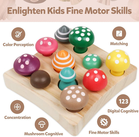 Wooden Toys Mushroom Toy, Harvest Game Montessori Educational Learning Shape Sorting & Number Matching for Ages 3+