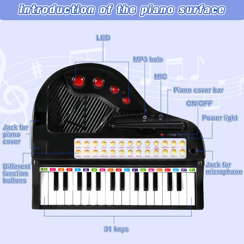 Love&Mini 31 Keys Kids Piano Keyboard Toys with Microphone and Stool, Black, for Kids Age 3+