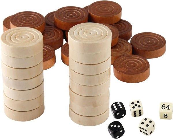 Amerous Thread Wooden Checkers Pieces with Drawstring Bag - Nature Wood Backgammon Pieces, 5 Dices Included