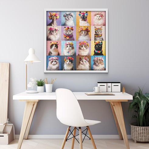 Cat Puzzles for Adults 1000 Pieces, Colorful Flower Crowns Cute Animal Puzzles, Funny Kitty Jigsaw Puzzle