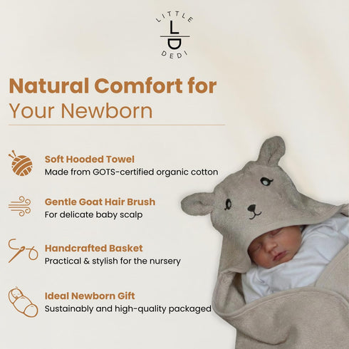 Set 3-Piece Set Baby Gift for Newborns with Organic Cotton Hooded Towel in Bunny Design, Natural Bristle Baby Hairbrush