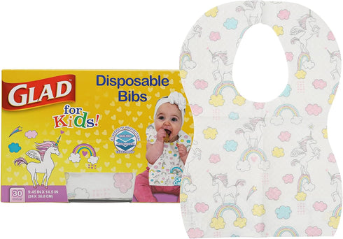 Glad for Unicorns Paper Bibs, 30 Count, Disposable Travel Paper Bibs with Cute Unicorns Design