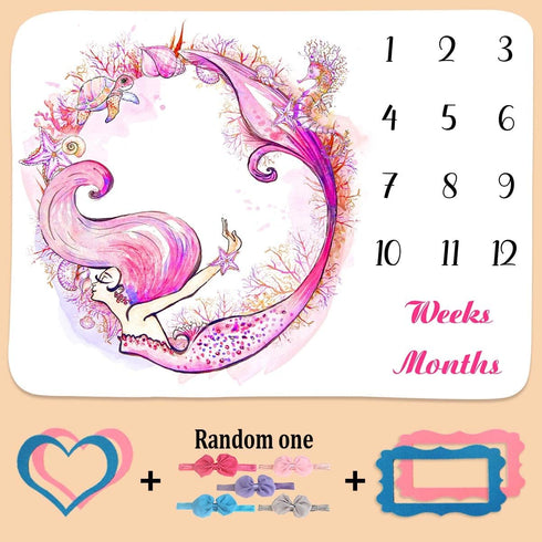 Monthly Milestone Blanket for Baby Girl, Pink Mermaid Watercolor Starfish Seahorse Turtle Seashell Growth Chart