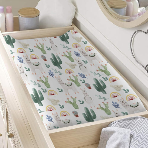 Cute Llama Changing Pad Cover – Funny Llama Cactus Leaves Rainbow Unisex Diaper Change Table Covers 32''x16''
